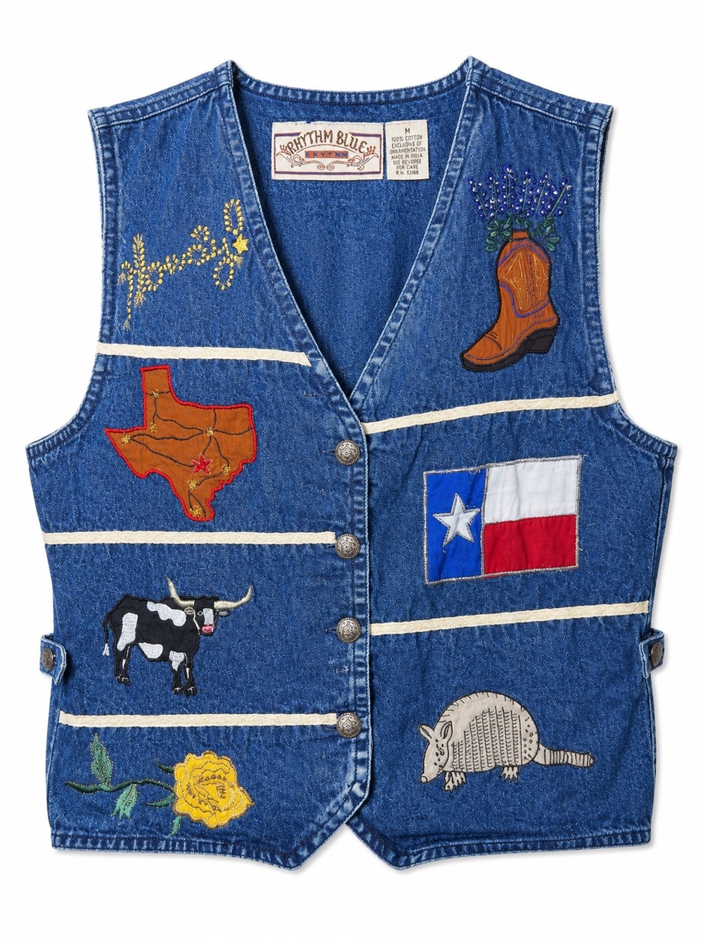 Vintage Texas Denim Vest Western Novelty Embroidered Cowboy Rodeo Kitsch Y2K‎ M